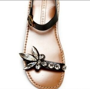 Marc Jacobs Black Leather Jeweled Flower Flat Sandals